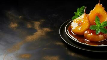 Caramelized pear dessert background with empty space for text photo