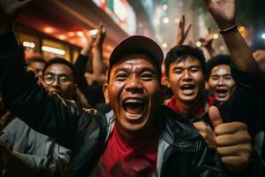 indonesio fútbol americano aficionados celebrando un victoria foto