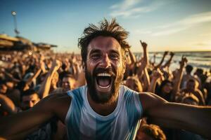 Argentine beach soccer fans celebrating a victory photo