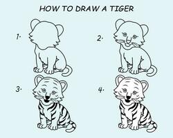 Step by step to draw a Tiger. Drawing tutorial a Tiger. Drawing lesson for children. Vector illustration