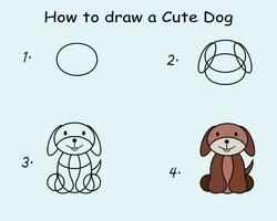 paso por paso a dibujar un perro. dibujo tutorial un perro. dibujo lección para niños. vector ilustración.