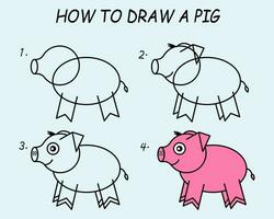 Step by step to draw a Pig. Drawing tutorial a Pig. Drawing lesson for children. Vector illustration