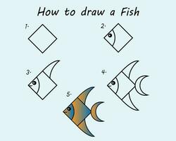 paso por paso a dibujar un pez. dibujo tutorial un pez. dibujo lección para niños. vector ilustración