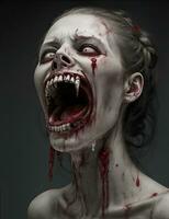 aterrador zombi con sangriento cara al aire libre, de cerca. Víspera de Todos los Santos monstruo foto