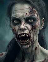 aterrador zombi con sangriento cara al aire libre, de cerca. Víspera de Todos los Santos monstruo foto