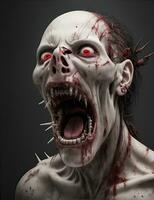 Scarry zombie with bloody face outdoors, closeup. Halloween monster photo