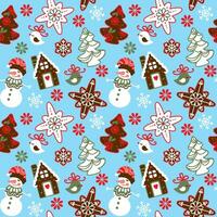 Illustration a gingerbread house, christmas cookies, snowflake, snowman, christmas tree on blue background. Christmas seamless pattern for fabric, wallpaper, apparel. vector