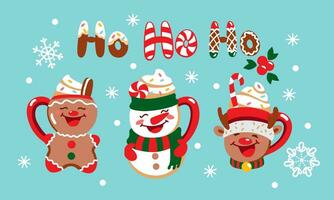 Christmas cocoa on diferent cups. Christmas illustration set vector