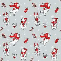 Cute polar bear skating, drinking hot coffee and preparation for christmas. Childish print. Seamless pattern vector