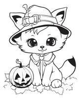 halloween cat coloring page with pumkin vector