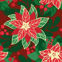 Poinsettia flowers on red background. Christmas floral print. Seamless pattern. Vector