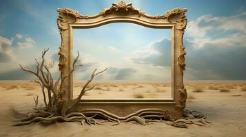 gold frame on the desert with sky and mountains photo