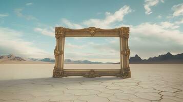 gold frame on the desert with sky and mountains photo