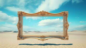 gold frame on the desert with sky and mountains photo