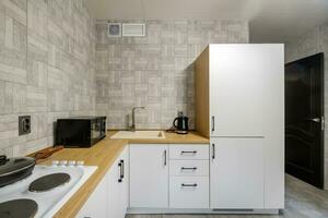 interior de el moderno lujo cocina en estudio apartamentos con alacena foto