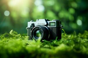 Green camera on grass with nature bokeh background. Nature concept. photo