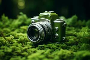 Green camera on grass with nature bokeh background. Nature concept. photo