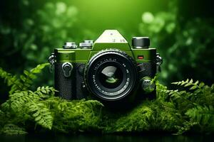 Green camera on grass with nature bokeh background. Nature concept. photo