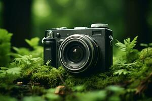 Green camera on grass with nature bokeh background. Nature concept. photo