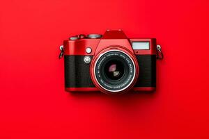 Retro camera isolated on red background. Flat lay, top view photo