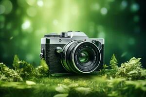 Green camera on grass with nature bokeh background. Nature concept. photo