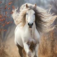 Beautiful white stallion with long mane running on dark background. AI generative photo