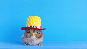 Cute little chicken wearing a hat on colored background with copy space. AI generative photo