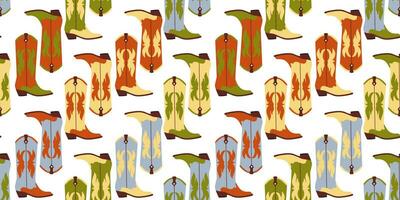 Seamless pattern with hand drawn colorful cowboy boots on white background in flat cartoon style. Wild west concept. For background, packaging, textile vector