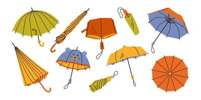 Set various umbrella shapes in flat style isolated on white background. Opened, folded umbrella walking stick, automatic collapsible and for kids vector