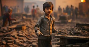 un menor de edad niño es trabajando en duro condición mundo día en contra niño labor ai generativo foto