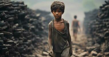 un menor de edad niño es trabajando en duro condición mundo día en contra niño labor ai generativo foto