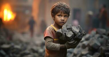 un menor de edad niño es trabajando en duro condición mundo día en contra niño labor ai generativo foto