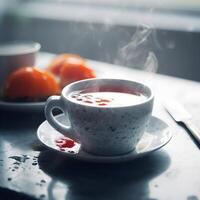 a cup of tea with oranges on a table photo