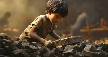 un menor de edad niño es trabajando en duro condición mundo día en contra niño labor ai generativo foto