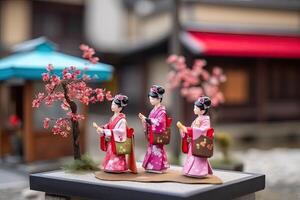 Miniature geisha in kimono. Japanese Asian diorama. Small woman in traditional costume created with Generative AI Technology photo