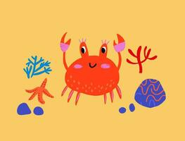 Cute children illustration of the crab on the sand. Crab character in hand drawn style. Beach children illustration with crab, sea star, rocks, corals on orange background. vector