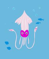 Cute children illustration of the octopus underwater, cute squid character with little fish around. Children's poster with underwater world. vector