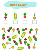 Counting Game for Preschool Children. Educational a mathematical game. Count how many  vegetables and write the result. Math worksheet for kids. vector