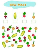 Counting Game for Preschool Children. Educational a mathematical game. Count how many  vegetables and write the result. Math worksheet for kids. vector