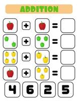 Addition of peppers. A task for children. Educational development sheet. Color activity page. A game for children vector