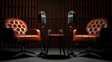 Podcast live or interview room with two chairs and microphones isolated on dark background. AI Generated photo