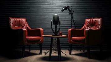 Podcast live or interview room with two chairs and microphones isolated on dark background. AI Generated photo