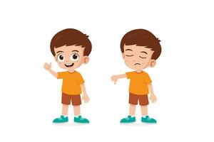 Cute little boy show hand gesture thumb up and thumb down vector illustration