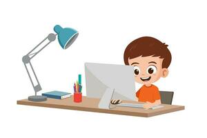 Cute little boy using computer to browse internet vector illustration