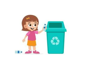 Cute little girl throw trash to trash bin vector illustration