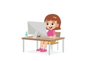 linda pequeño niña utilizar computadora a estudiar vector ilustración