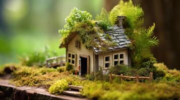 A charming miniature wooden house in spring grass, surrounded by lush moss and vibrant ferns. sunny day, natural beauty. AI Generated photo