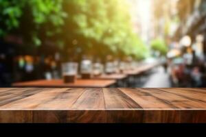 Empty wooden table and blurred cafe background for product display. AI Generated photo