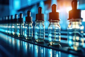 Medical vials being processed on a production line in a pharmaceutical factory. pharmaceutical machine operating the glass bottle production line. photo
