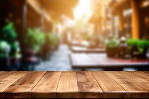 Empty wooden table and blurred cafe background for product display. AI Generated photo